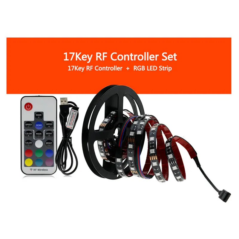 RF 17Key Controller 5 В USB Светодиодная лента 5050 RGB гибкий светодиодный светильник 50 см 1 м 2 м 3 м USB кабель питание RGB декоративная лампа лента для ТВ фоновый светильник ing - Испускаемый цвет: RF 17Key Controller