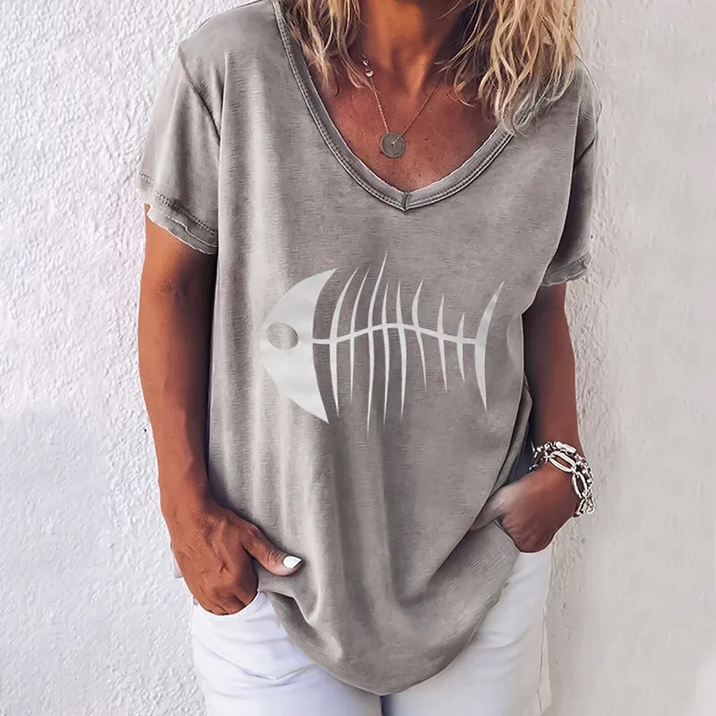 Повседневная Свободная летняя футболка с принтом рыбки v-образным вырезом