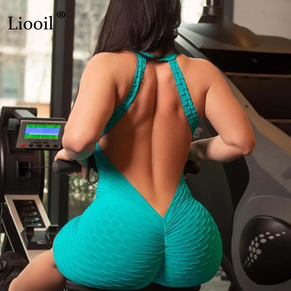 Blue Green Liooil сексуальные комбинезоны с открытой спиной неоновый зеленый женский комбинезон черный спортивный костюм с v-образным вырезом Вечерние Комбинезоны женские Комбинезоны - Цвет: Blue Green