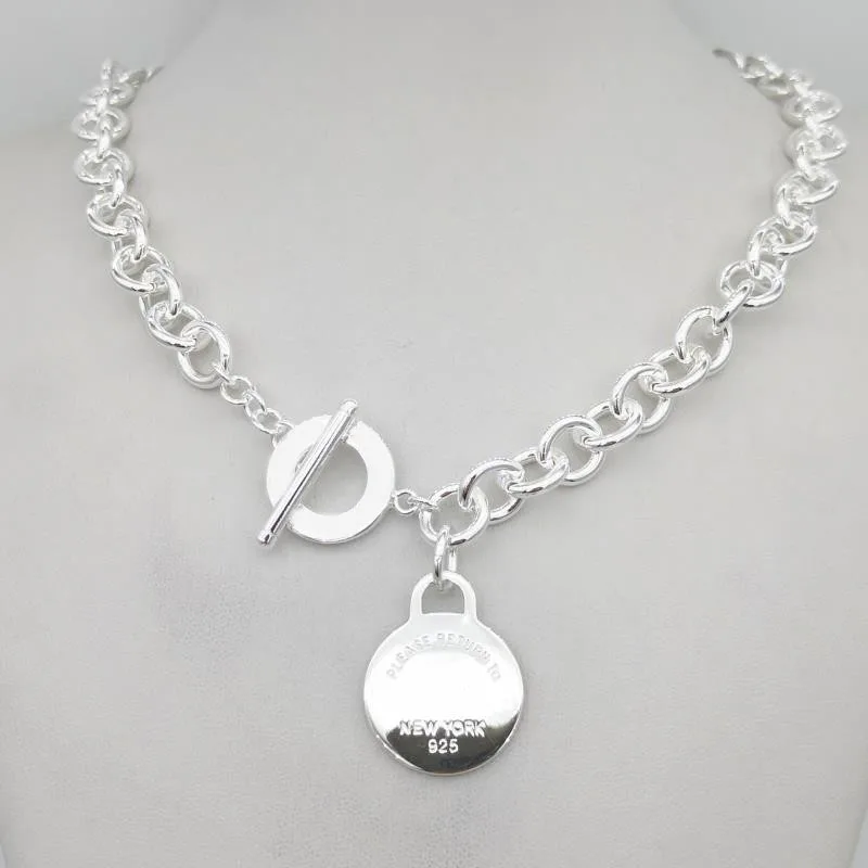 Sterling Silver 925 Classic Pop Fashion Silver Round Tag Pendant Girl Necklace Jewelry Holiday Gift