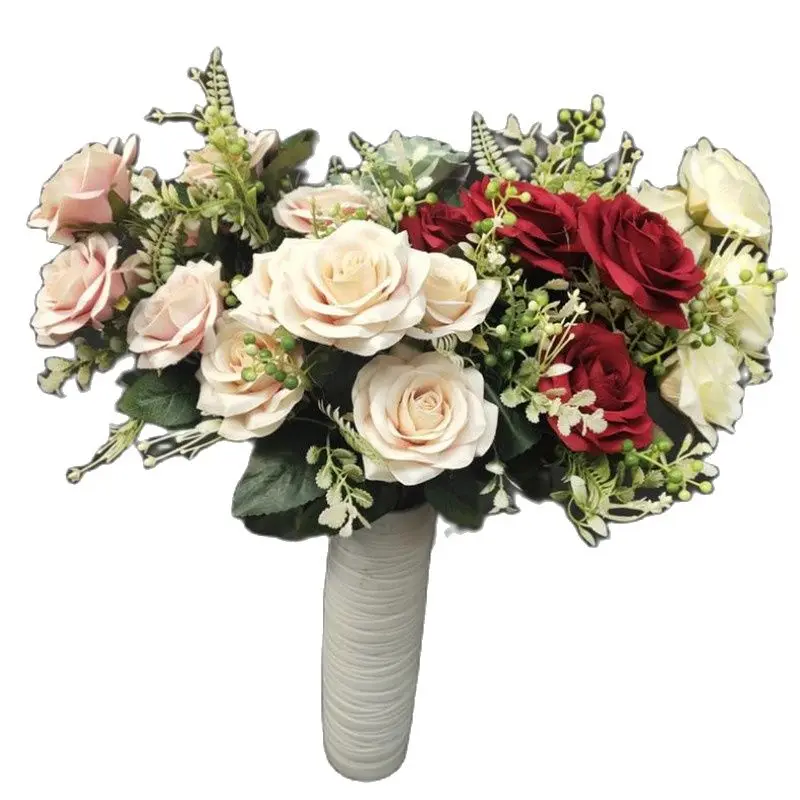 

One Silk Rose Bouquet Flower Faux 7 Heads Rose with Plastic Fruit Bunch for Wedding Home Artificial Decorative Flowers