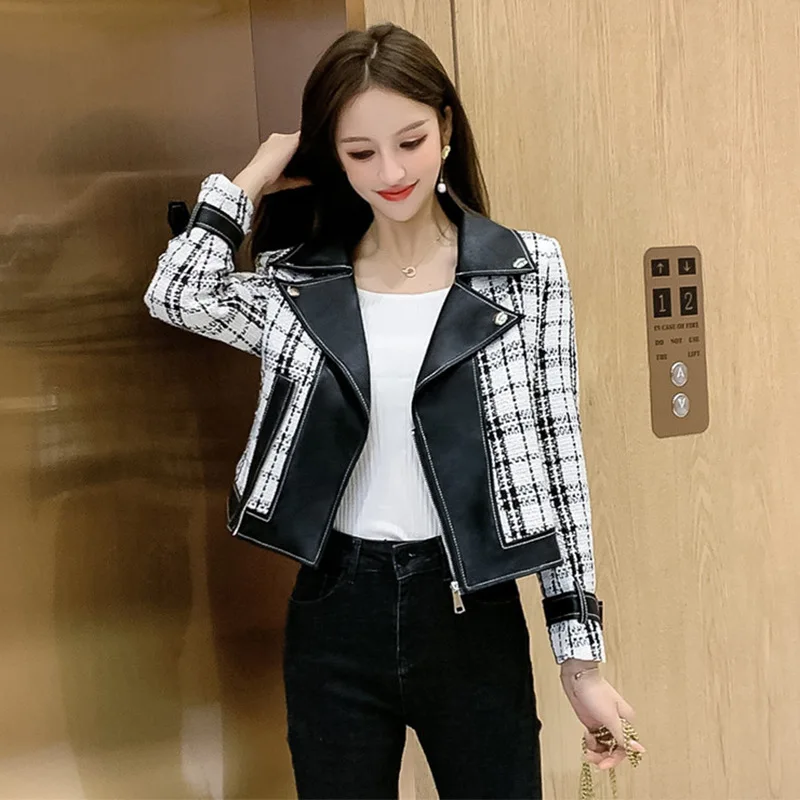 

Woman Tweed and Pu Leather Patchwork Jacket Women 2020 Turn Down Collar Cropped Jackets Coats Spring Autumn Veste Femme