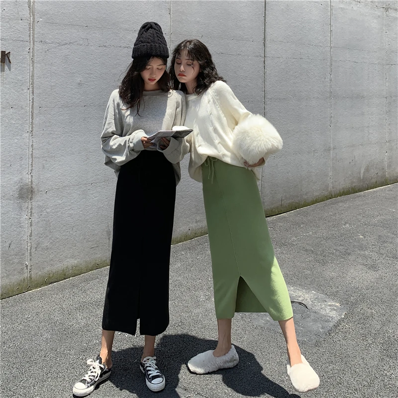 Видео # Осень/Зима до раскола авокадо зеленые высокие талии трикотажные юбки