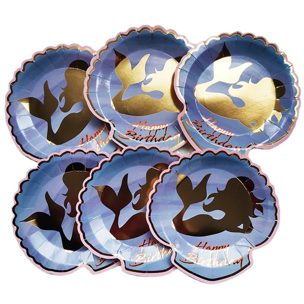 

Новая бумажная тарелка Русалка, посуда, украшение из бронзовых ракушек, кружевная Праздничная обеденная одноразовая бумажная обеденная та...