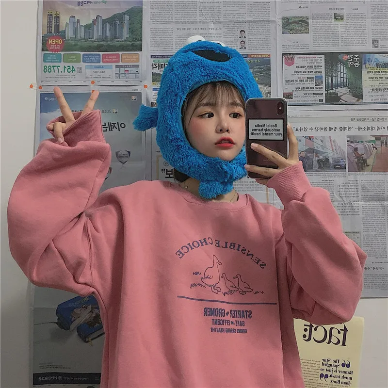 

Korea Retro kawaii pink ins Harajuku letter print chic long-sleeved sweet Winter fashion overszie loose casual women sweatshirt