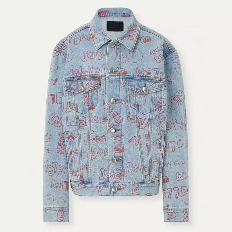 

CHICEVER Casual Letter Patterned Women Coat Lapel Long Sleeve Dual Pocket Straight Loose Denim Jackets Female 2021 Fashion New