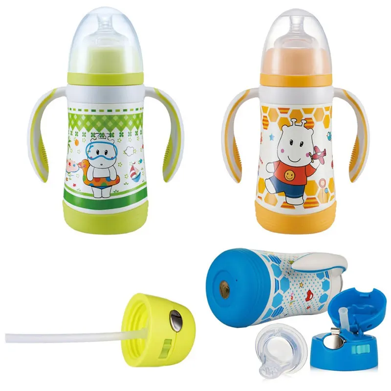 

Pinkah Baby Feeding Bottle 300ml Vacuum Mug 2-Layer Stainless Steel Water Cup With 2 Lids BPA Free Childrenâ€™s Products