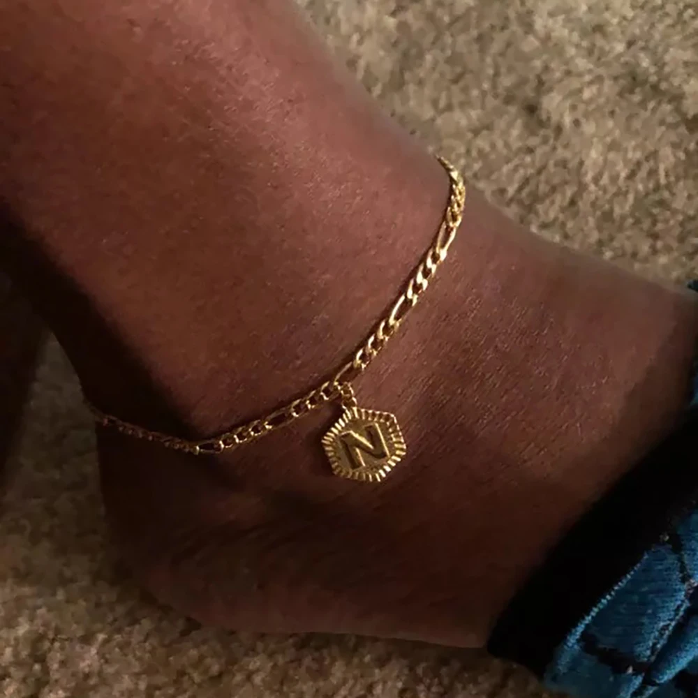 

Dainty Summer A-Z Initial Letter Anklets Hexagon Alphabet Leg Bracelets For Women Men Foot Jewelry Feet Chain Friendship Gifts