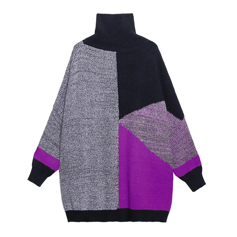 

Plus Size Contrast Color Knitting Sweater Women Batwing Sleeve Turtleneck Pullover 2020 Winter New Loose Sweater Fashion Clothes