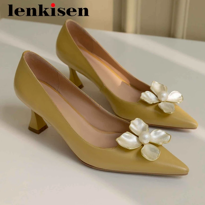 

Lenkisen new wedding shoes genuine leather appliques flowers pointed toe thin high heel slip on superstar modern women pumps L31