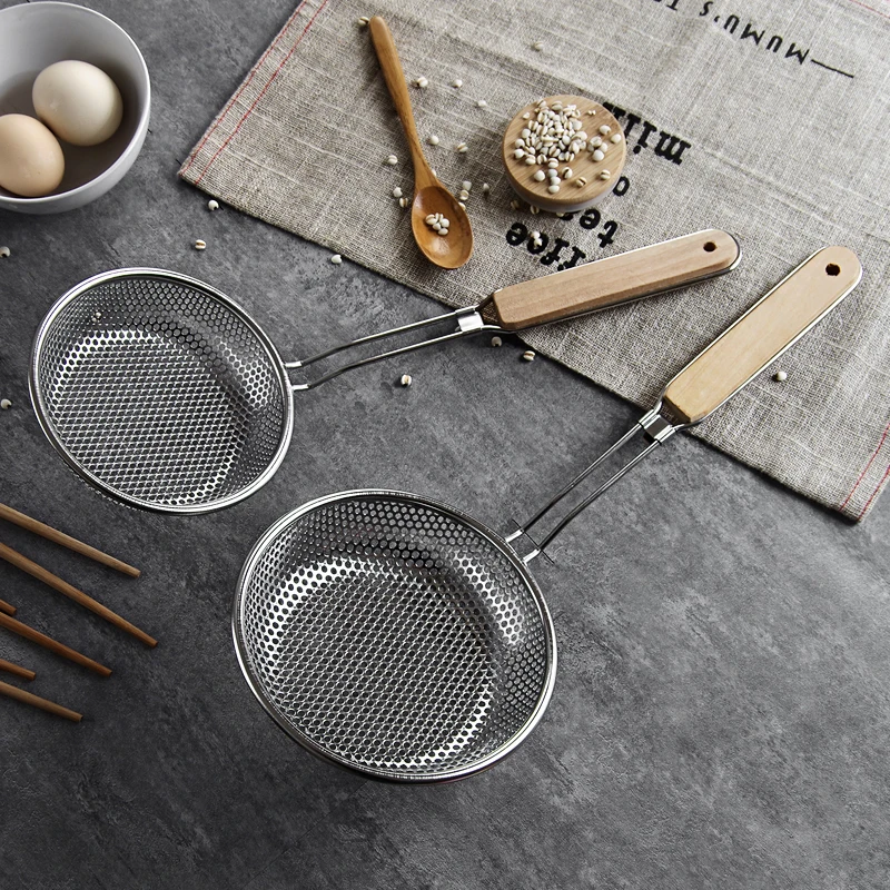 

1 pcs wooden handle stainless steel colander strainer noodle cooking spatula pasta oil spoon strainer kitchen tool