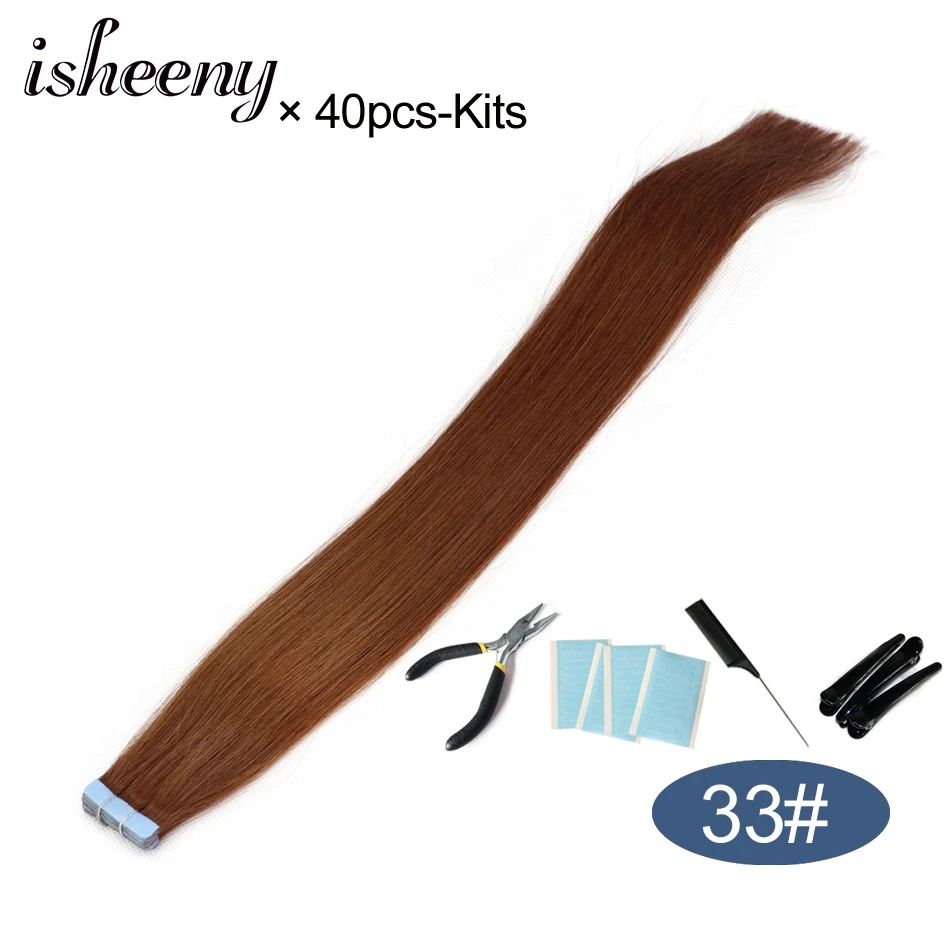 Isheeny 1" 18" 2" 22" 2" лента в Пряди человеческих волос для наращивания Прямой Реми на клей Невидимый PU выдвижение утка 14 цветов Выберите
