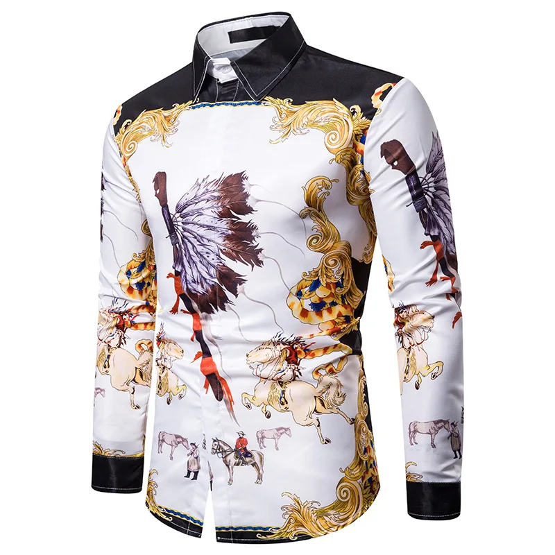 Luxury Royal Mens Shirts Casual Slim Fit Cross Gemstone Printed Long Sleeve Slim Fit Chemise Homme Men Prom Party Tuxedo Shirt
