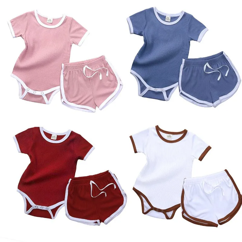 0-24M Summer 2pcs Newborn Baby Girl Boys Clothes Sets Solid Short Sleeve Romper Tops+Shorts Pants Baby Boys Outfit 4 Colors