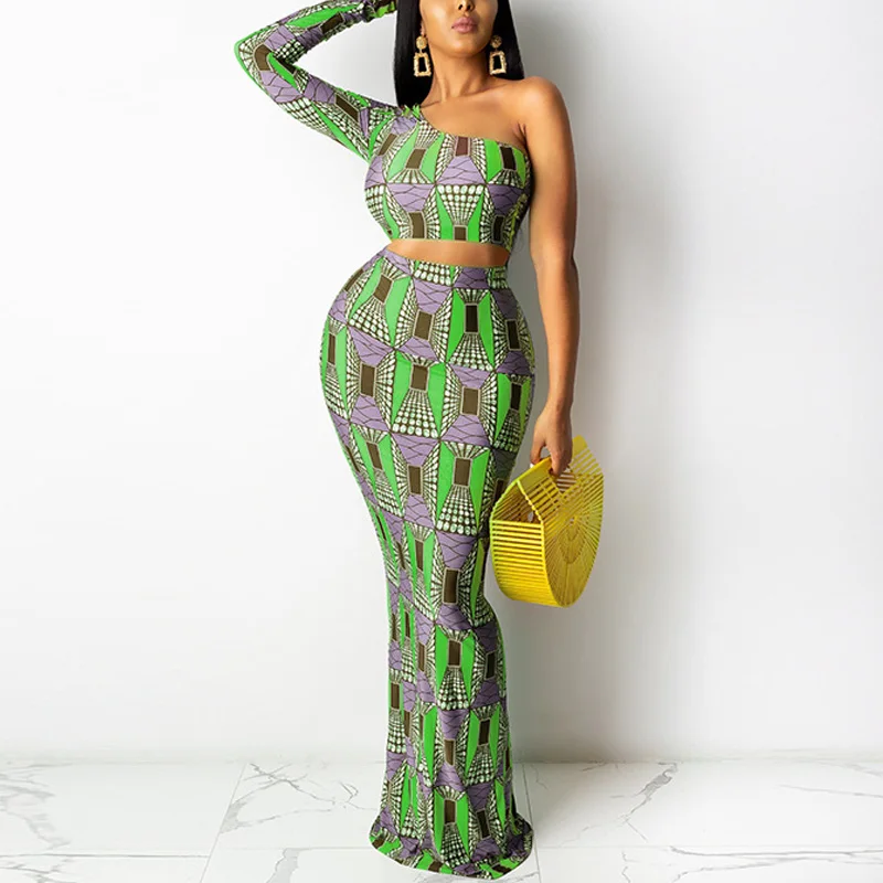 

Printed One Shoulder Sleeve Off Shoulder Crop Top Skirt Two Piece Set Women Sexy Bodycon Skinny Matching Set Outfits