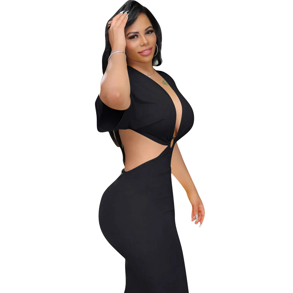 

Sexy Deep V Neck Long Dress Club Party Wear Women Short Sleeve Backless Irregular Dress Bottom Slit Ladies Designer Dresses