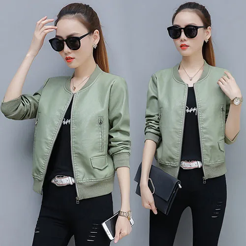 pea green 20 Идеальный женский Авиатор из искусственной кожи, плюс размер, PU жакет осень-весна, женское короткое пальто Kawaii коричневая одежда для отдыха 658 - Цвет: pea green 20