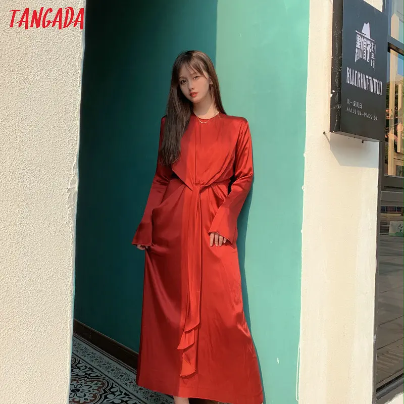 Tangada, женское однотонное красное платье, плиссированное, с бантом, с длинным рукавом, элегантное, для девушек, на год, платья для вечеринок, JE82