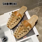 2021 модные женские туфли с квадратным носком; Тапочки мюли дизайн со шнуровкой; Обувь на плоской подошве; Сандалии на высоком каблуке; Замшевые летние женские замшевые туфли vb152