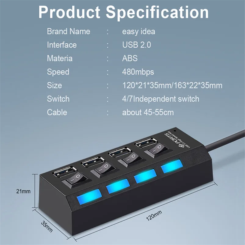 

USB Hub 2.0 High Speed 480Mbps 4 7 Ports Micro Hub USB On Off Switch USB Splitter Adapter For PC Laptop Computer USB Hub