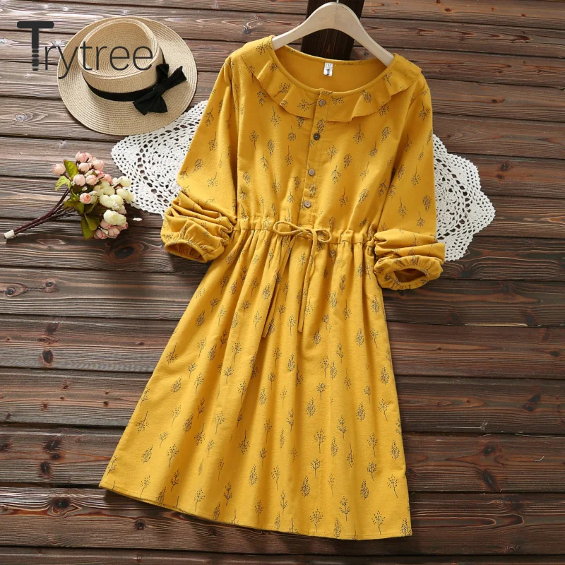 Trytree/осеннее женское платье Повседневное с цветочным принтом гофрированный