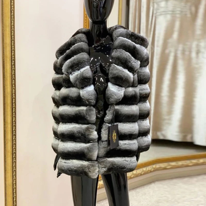 2022 Trendy Real Fur Coats For Women Winter Outwear High Quality Full Pelt Rex Rabbit Fur Jacket Turn-down Collar Outfit Luxury