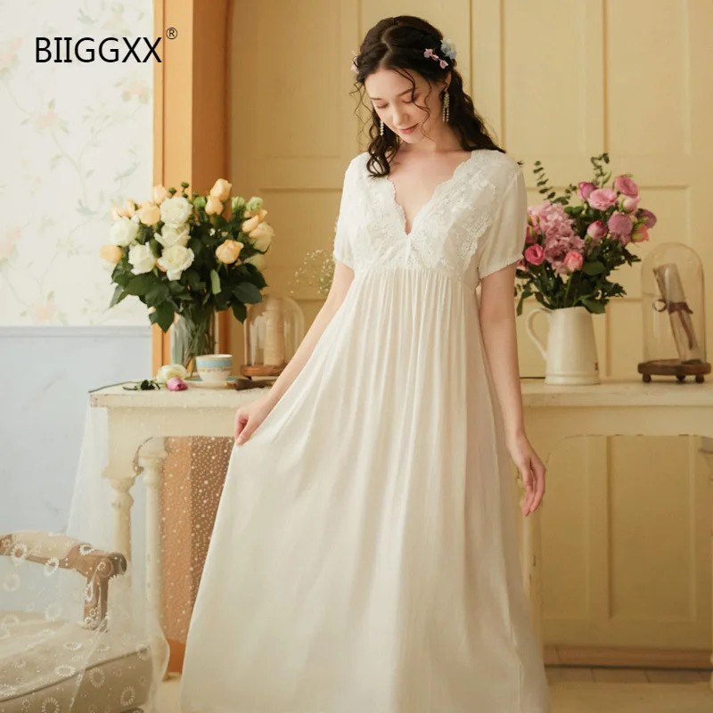 

Biiggxx Short Sleeve Cotton Nightdress for Women Summer Retro Palace Style Princess Sexy Lace V-Neck Long Skirt