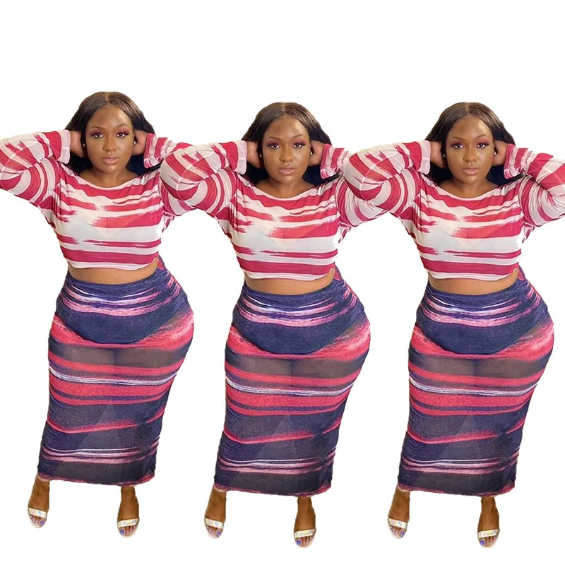 

Большой Размеры Xl-5XL женский сетчатый бюстгальтер сексуальное платье, бодикон, с рисунком, в полоску, с длинными рукавами в комплекте с юбкой...