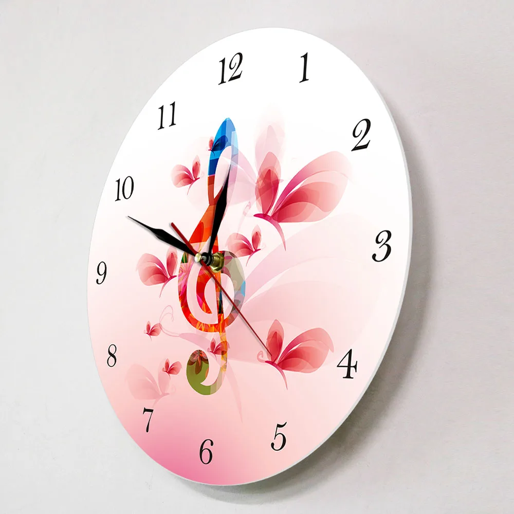 Colorful Music Note with Butterflies Floral Wall Clock Treble Clef Musical Printed Round Studio Art | Дом и сад