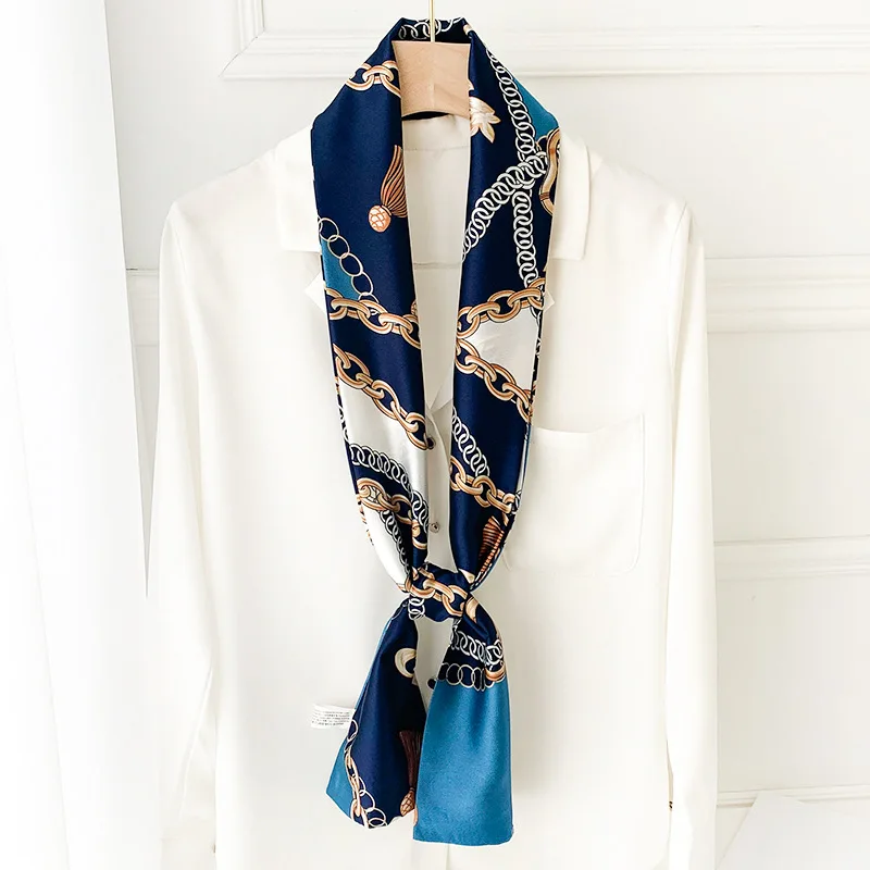 

High Quality Chain Narrow Long Scarf 15*145CM Office Lady Silk Scarf Fashion Headscarf Beach Sunscreen Scarves Bandana Shawl