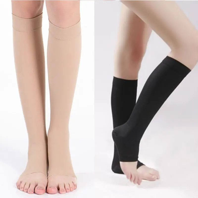 

18-21mm Hg Women Stockings Compression Knee High Open Toe Socks Nylons Elastic Breathable Calf Support For Yoga Sports Dropship