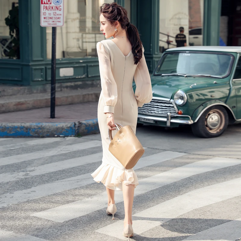 

Foamlina Elegant Women Dress 2020 New Spring Fashion V Neck Chiffon Patchwork Long Sleeve Ruffles Midi Work Party Bodycon Dress