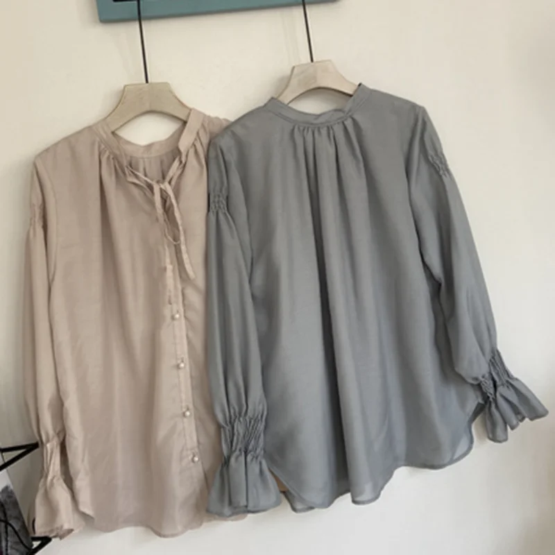 

New Chic Drawstring Single Breasted Women Blouse Solid Flare Long Sleeve Chiffon Shirts Fashion Elegant Fammer Blusas Spring