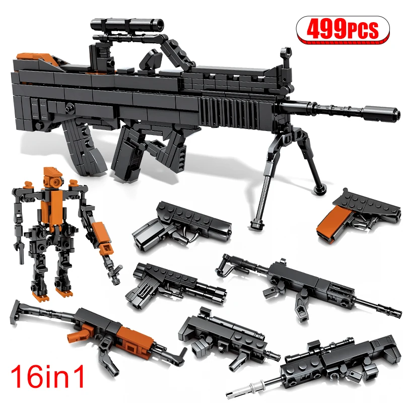 

499pcs City Military 16 in 1 WW2 Rifle Gun Building Blocks Submachine Pistol Transformation Robot Weapons Bricks Toys For Kids