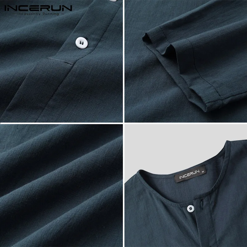 

Men Solid Color Shirt Round Neck Loose Casual Cotton Long Sleeve Blouse Tops Button Streetwear Vintage Camisa Masculina INCERUN