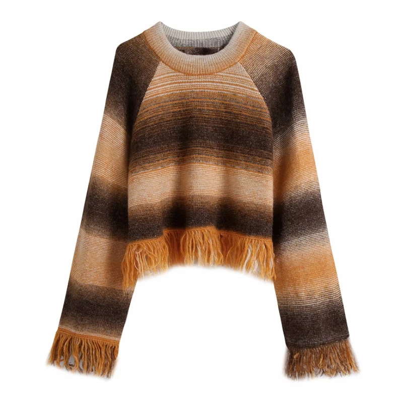 

Лидер продаж, женский короткий вязаный свитер в полоску с кисточками, Женский пуловер с длинным рукавом, повседневные женские топы свободно...