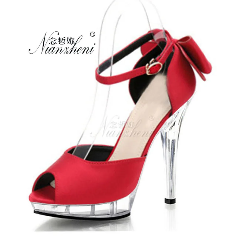 

Korean celebrity same 15cm fish mouth buckle thin heel sandals 17cm super high heel red bridal shoes