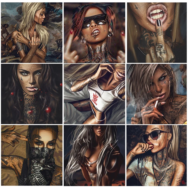 

Abstract sexy cool tattoo girl with glasses poster and canvas painting, modern graffiti wall art print decorating home bedroom