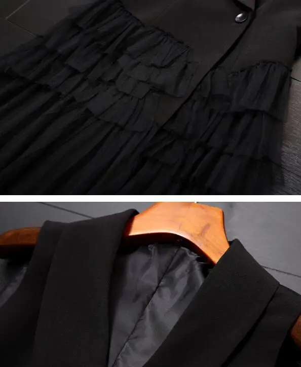 

2020 Spring Summer Runway Suits For Women Elegant Office Lady Double Breasted Suit Jacket Blazer Splice Mesh Tulle Dress