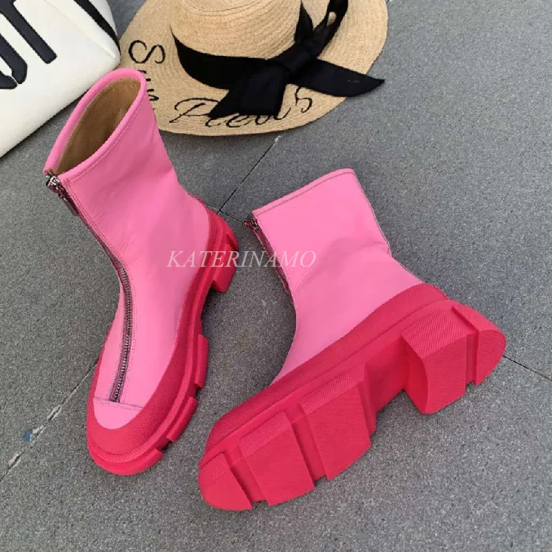 

Genuine Leather Women Ankle Boots Luxury Brand Zipper Chunky Heel Round Toe Platform Runaway Ladies Fashion Boots Shoes 2021 New