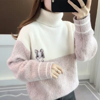 women autumn winter japanese lazy style thicken sweaters lady turtleneck sweater loose casual sweet rabbit print knitwear tops