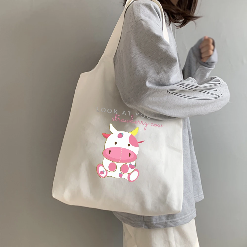 

Tote Bag Casual Canvas Eco Shoulder Bag Cartoon Kawaii Strawberry Cow Printing Shopping Bags Canvas Cloth Reusable Grocery Bag