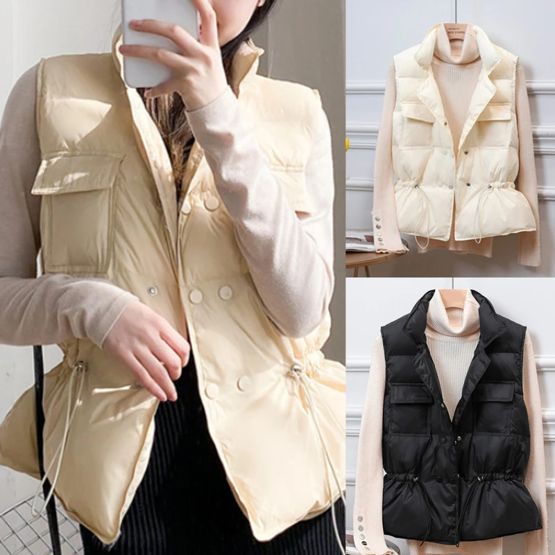 

Winter Vest Women Short Sleeveless Vest Jacket Lightweight BodyWarmer Waistcoat Female White Gilets Windbreaker Slim Parkas Coat