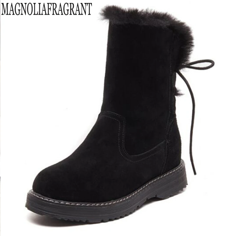 Winter Leather Warm Snow Shoes Women Boots mid-calf Plush Fur Velvet Boots Female shoes Booties Woman Footwear y190