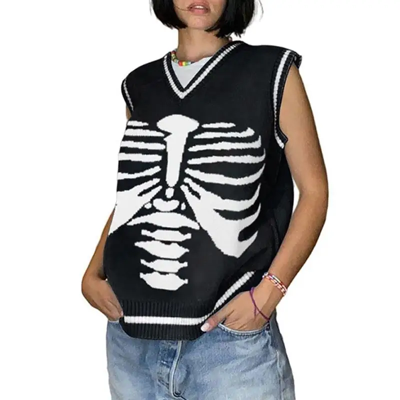 

Loose Y2k Skeleton Print Knitted Vest Autumn Winter Jumper V-Neck Knitted Vest Sweater Women Casual Sleeveless Pullover