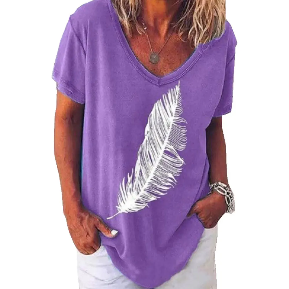 

Loose T Shirt Women Summer Top Tees Leaf Printed V Neck T Shirt Women Clothing Short Sleeve Pullover Female T Shirt 2021
