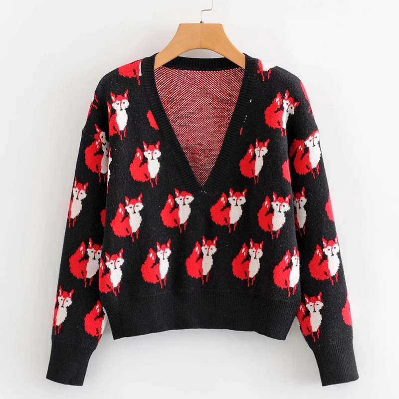 

Autunm Winter 2021 New Cartoon Fox Printed Sweater Female Cardigan Jacket Korean Loose Streetwear Women's Sweater Coat