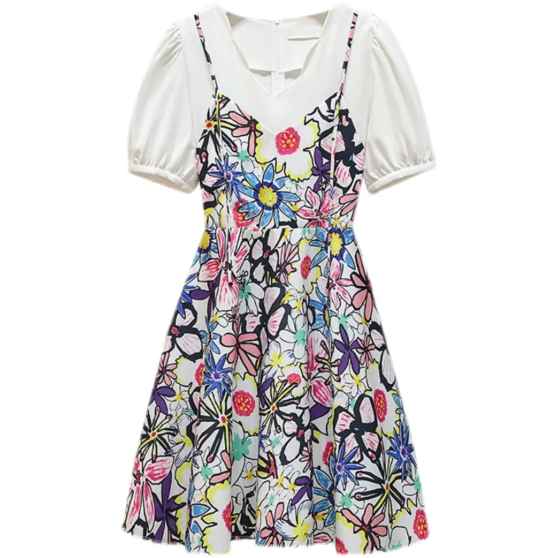 

Plus Size 2021 New Summer Women Large Short Sleeves V-Neck Floral Printed Patchwork A Line Dress Ladies Dresses L XL 2XL 3XL 4XL