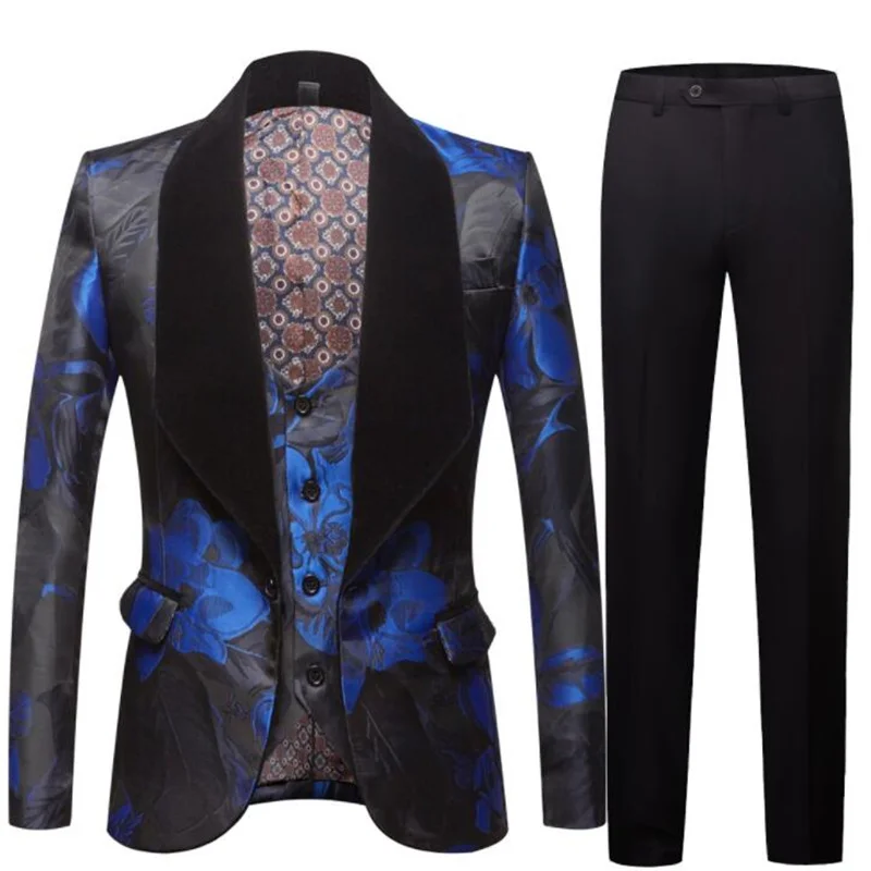 

Black collar blazers men's suit three-piece clothing completo uomo elegante host emcee dress European мужская одежда пиджак