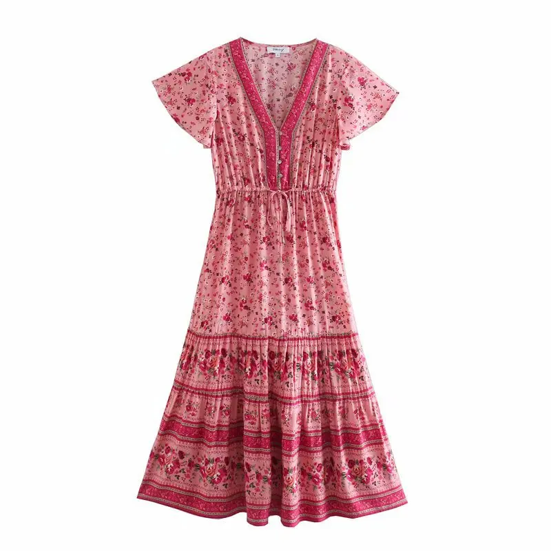

Vintage chic women floral print bat sleeve beach Bohemian maxi dresses Ladies V neck Tassel Summer rayon Boho dress vestidos